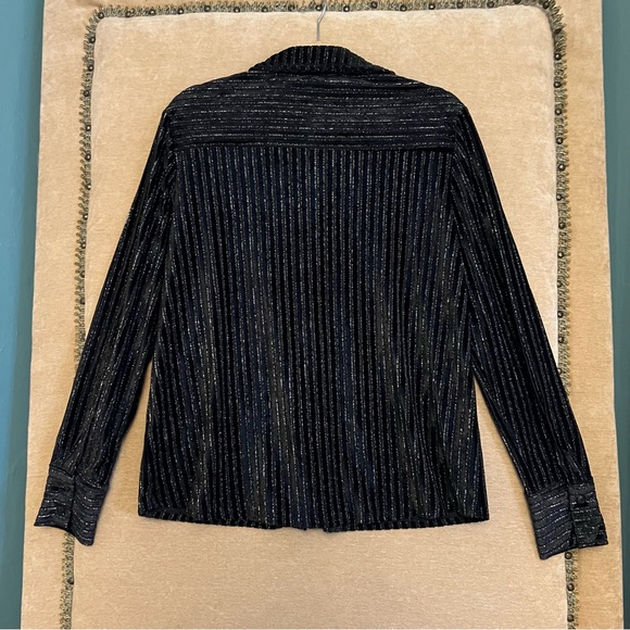 HOUSE OF HARLOW Black Sheer Velvet Metallic Stripe Button Up Shirt Blouse - Picture 7 of 11
